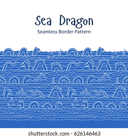 Swimming sea dragons and ships. Vector illustration. The swell on the sea. Border ornament. Seamless abstract pattern.