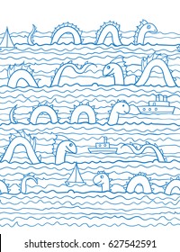 Swimming sea dragons and ships. Vector illustration. The swell on the sea. Border ornament. Seamless abstract pattern.