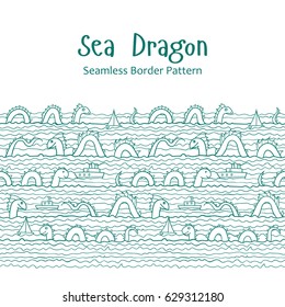 Swimming sea dragons and ships. Vector illustration. The swell on the sea. Border ornament. Seamless abstract pattern.