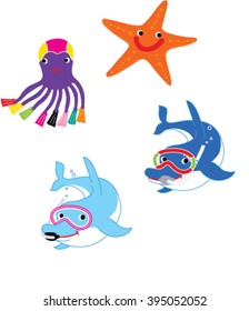 Swimming Sea life Animals characters. Vector illustration. Octopus, Dolphin, starfish icon. 