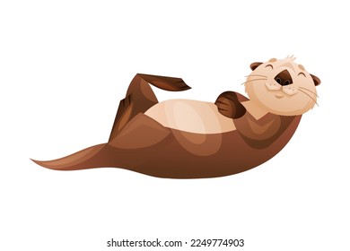 Swimming Sea Otter as Marine Mammal and Aquatic Creature with Brown Coat and Long Tail Vector Illustration