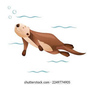 Swimming Sea Otter as Marine Mammal and Aquatic Creature with Brown Coat and Long Tail Vector Illustration