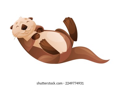 Swimming Sea Otter as Marine Mammal and Aquatic Creature with Brown Coat and Long Tail Vector Illustration