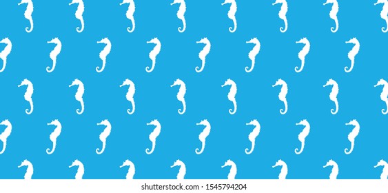 Swimming sea ​​horse sea​​horse pattern banner. Water, sea life, ocean Atlantic wave fish swim Vector icon, sign. Funny blue background wallpaper. Animals, animal silhouette seamless.
