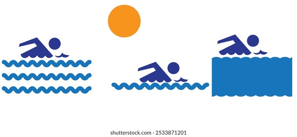 Swimming in the sea vector icon set illustration. Swim in water for leisure during summer holiday symbol.