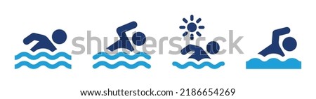 Swimming in the sea vector icon set illustration. Swim in water for leisure during summer holiday symbol.
