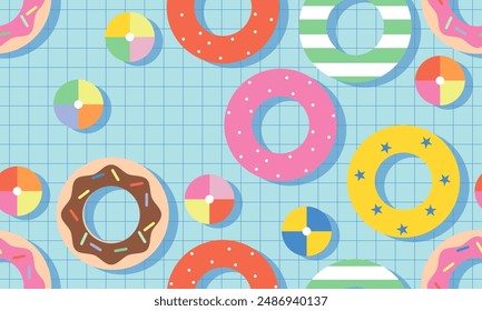 Swimming seamless pattern. Summer design, pool background, colorful beach ball, float. Vector vacation illustration for Coupon, Voucher, Banner, Flyer, Promotional summer design