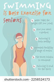 Swimming for seniors. Active old woman going in for sports. Training program for pensioners. Health, fitness and wellbeing. Editable vector illustration on a blue background