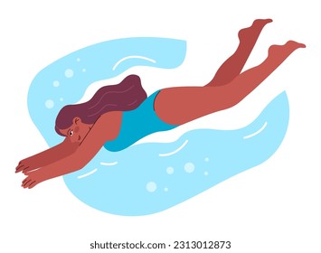 Swimming set. Diverse characters swimming in the sea. Summer holidays on the beach. People in a swimsuits having fun by the water. Flat vector illustration