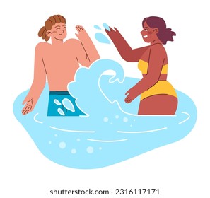 Swimming set. Diverse characters swimming in the sea. Summer holidays on the beach. People in a swimsuits having fun by the water. Flat vector illustration