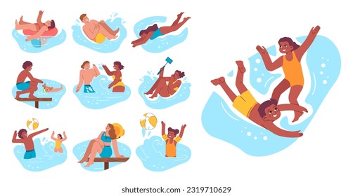 Swimming set. Diverse characters swimming in the sea. Summer holidays on the beach. People in a swimsuits having fun by the water. Flat vector illustration