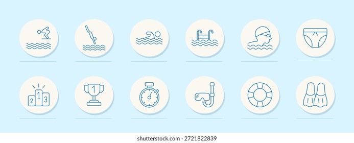 Icono de conjunto de natación. Iconos circulares delineados que muestran nadadores, piscina, buceo, baúles, cronómetro, trofeo, podio, gafas, snorkel, aletas y salvavidas en tema acuático