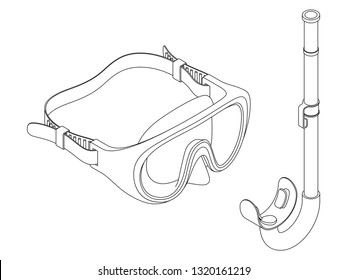 Swimming set. Snorkel and mask in isometric view, black and white contour vector illustration on a white background.