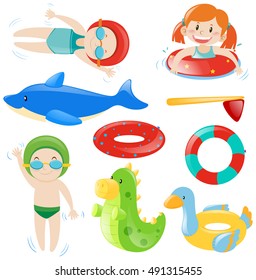 Swimming set with swimmers and equipment illustration