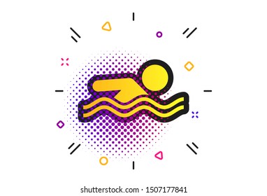 Swimming sign icon. Halftone dots pattern. Pool swim symbol. Sea wave. Classic flat swimming icon. Vector