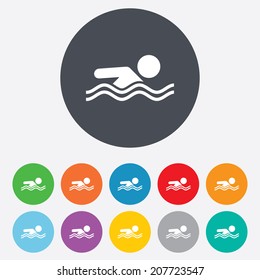 Swimming Sign Icon. Pool Swim Symbol. Sea Wave. Round Colourful 11 Buttons. Vector