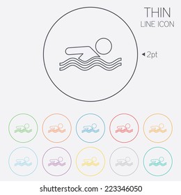 Swimming sign icon. Pool swim symbol. Sea wave. Thin line circle web icons with outline. Vector
