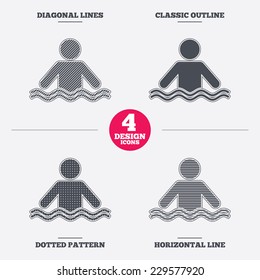 Swimming sign icon. Pool swim symbol. Sea wave. Diagonal and horizontal lines, classic outline, dotted texture. Pattern design icons.  Vector