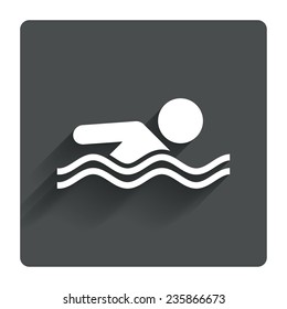 Swimming sign icon. Pool swim symbol. Sea wave. Gray flat square button with shadow. Modern UI website navigation. Vector