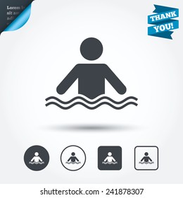 Swimming sign icon. Pool swim symbol. Sea wave. Circle and square buttons. Flat design set. Thank you ribbon. Vector