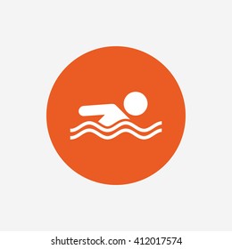 Swimming sign icon. Pool swim symbol. Sea wave. Orange circle button with icon. Vector