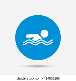 Swimming sign icon. Pool swim symbol. Sea wave. Blue circle button with icon. Vector