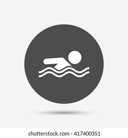 Swimming sign icon. Pool swim symbol. Sea wave. Gray circle button with icon. Vector