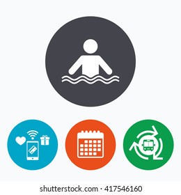 Swimming sign icon. Pool swim symbol. Sea wave. Mobile payments, calendar and wifi icons. Bus shuttle.