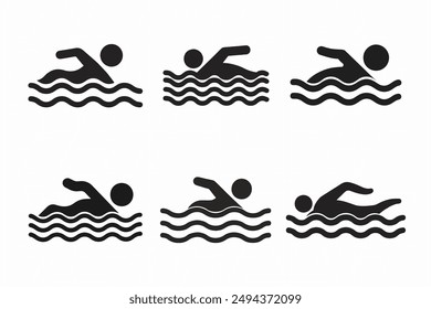 Swimming silhouette icon vector bundle, perfect for sports designs and water activity projects.