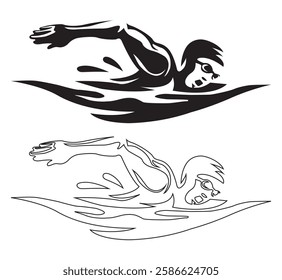 Swimming Silhouette, Swimmer Goggles Pool Sport outline and filled. Vector illustration.