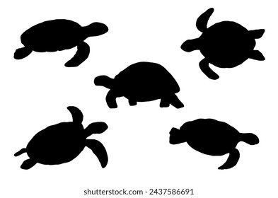 Swimming silhouette turtle isolated on white background. Hand drawn vector illustrations set of ocean or underwater animal