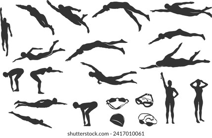 Swimming silhouettes, Swimmer silhouette, Woman swimming silhouette, Backstroke swimmer silhouette,  Swimming goggles silhouette, Swimmer icon bundle
