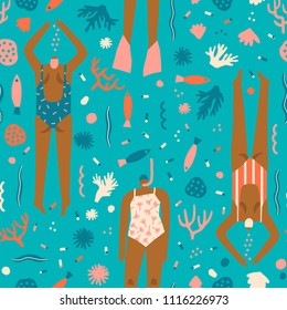 Swimming and snorkelling girls pattern in retro style. Summertime water sport cartoon illustration.