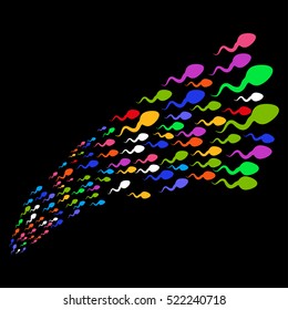 Swimming Sperm Competition vector image. Style is bright multicolored flat objects, black background.