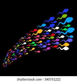 Swimming Sperm Concurrence vector illustration. Style is bright multicolored flat objects, black background.
