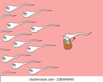 Swimming sperms and one romantic sperm. Cartoon joke, vector illustration.