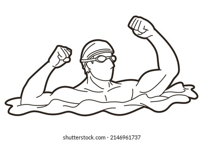 Swimming Sport Action Male Swimmer Cartoon Graphic Vector