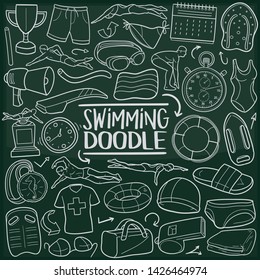 Swimming Sport Chalkboard Doodle Icons. Sketch Hand Made Design Vector Art.