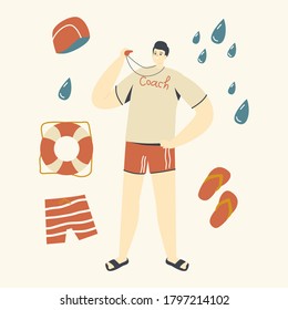 Swimming Sport Class Coach Teaching Swimmers Characters in Pool. Trainer in Sports Wear with Whistle Stand at Poolside Conduct Swimming Training and Teach People to Swim. Linear Vector Illustration