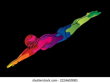 Swimming Sport Female Swimmer Action Cartoon Graphic Vector