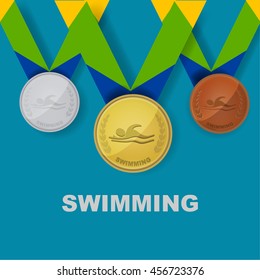 Swimming sport icon on medal award set with Brazilian color theme designed of ribbon in vector illustration 