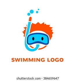 Swimming sport logo. Cartoon boy dives into the mask under water.