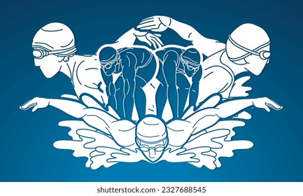 Swimming Sport Male and Female Swimmer Mix Action Cartoon Graphic Vector