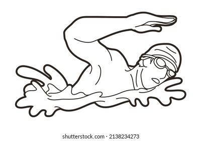 Swimming Sport Male Swimmer Action Cartoon Graphic Vector