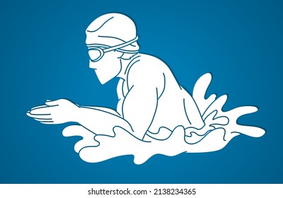 Swimming Sport Male Swimmer Action Cartoon Graphic Vector