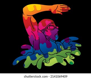 Swimming Sport Male Swimmer Action Cartoon Graphic Vector