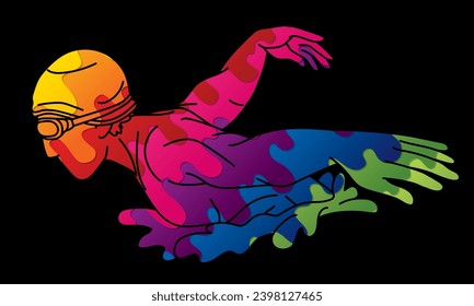 Swimming Sport A Male Swimmer Action Cartoon Graphic Vector