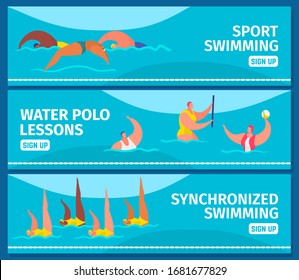 Swimming sport with people professional swimmers in swimming pool, web banners set flat vector illustration. Diving, water polo and synchronized swimming sport activity, fitness webpage.