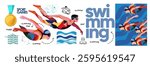 Swimming. Sport. Vector abstract geometric illustration of swimmer on competition in pool and water, medal, swimming people underwater in goggles on white background for icons, symbol and sign