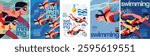 Swimming. Sport. Vector abstract geometric illustration of swimmer on competition in pool and water, swimming people underwater in goggles for poster, invitation, flyer or background